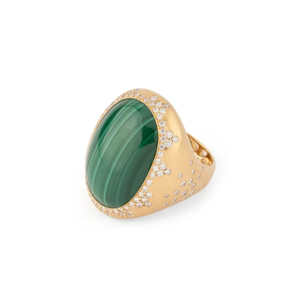 Bague or jaune brossée ornée d'une malachite