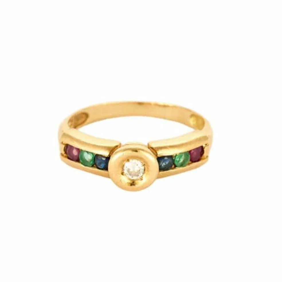 Bague or jaune centré d'un diamants, épaulée rubis, saphir, émeraude