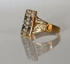 Bague Or Jaune Chaton Rectangulaire Perles Et Pierres