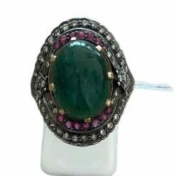 Bague or jaune, diamant, rubis, jade