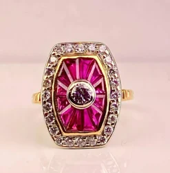 Bague or jaune diamants et rubis, style Art Déco