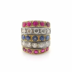 Bague or jaune diamants rubis et saphirs