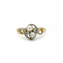 Bague or jaune et blanc diamants perle