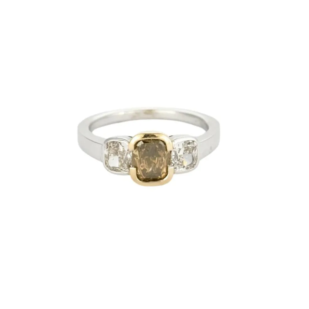 Bague or jaune et gris, diamant brun et diamants