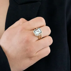 Bague or jaune et gris, diamants et aigue marine