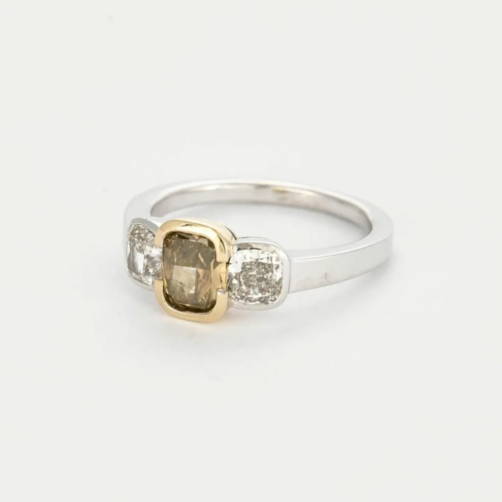 Bague or jaune et gris, diamant brun et diamants