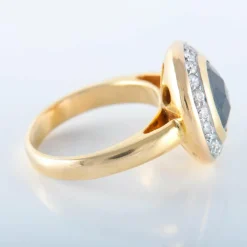 BAGUE OR JAUNE 14K HEMATITE DIAMANTS ET MOISSANITES