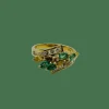Bague or jaune, émeraudes et diamants de couleur