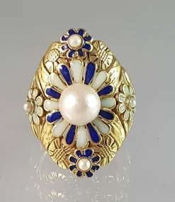 Bague or jaune motif émaillé avec perle au centre