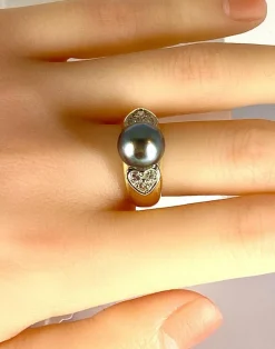 Bague or jaune, perle de Tahiti et diamants