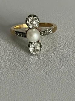 Bague Or Jaune Platine Perle Diamants