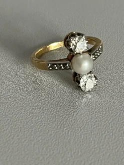 Bague Or Jaune Platine Perle Diamants