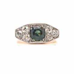 Bague Or jaune Platine Saphir vert Diamant