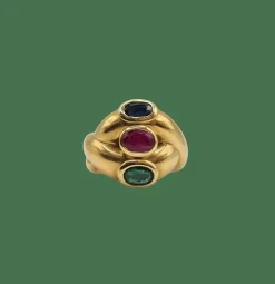 Bague or jaune saphir, rubis et émeraude