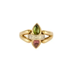 Bague or jaune, tourmaline rose et verte et diamants