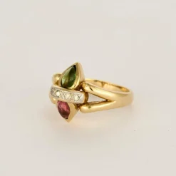 Bague or jaune, tourmaline rose et verte et diamants