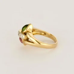 Bague or jaune, tourmaline rose et verte et diamants