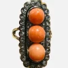 Bague Or, Perles Corail, Diamants Taille Ancienne, Email Noir