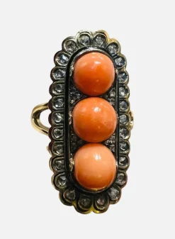 Bague Or, Perles Corail, Diamants Taille Ancienne, Email Noir