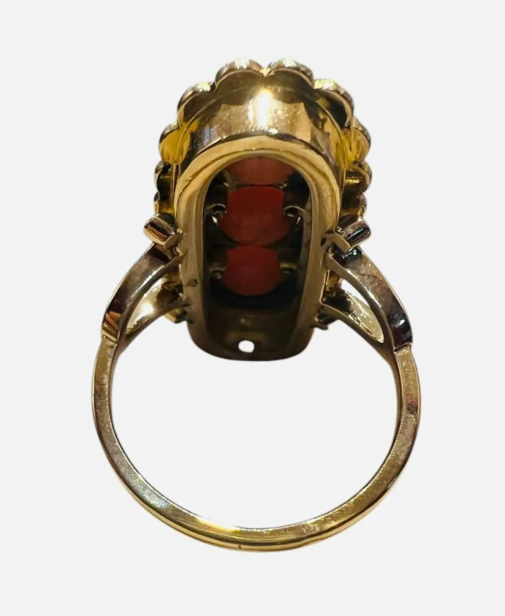 Bague Or, Perles Corail, Diamants Taille Ancienne, Email Noir