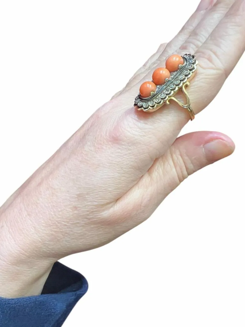 Bague Or, Perles Corail, Diamants Taille Ancienne, Email Noir