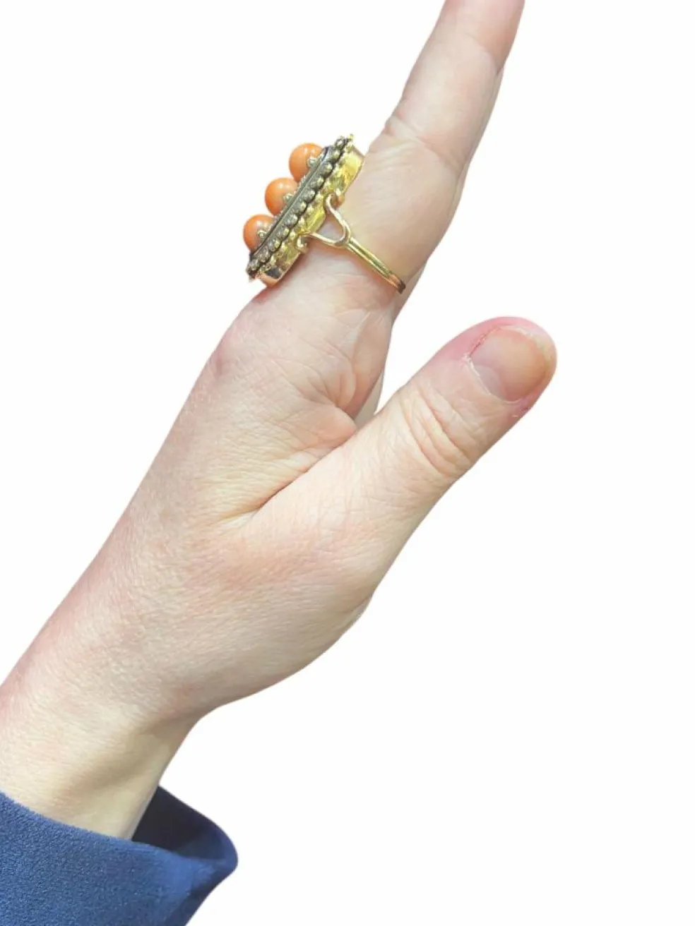 Bague Or, Perles Corail, Diamants Taille Ancienne, Email Noir