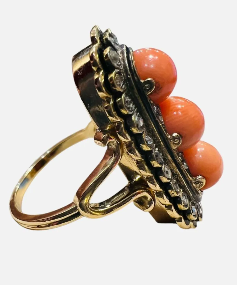 Bague Or, Perles Corail, Diamants Taille Ancienne, Email Noir