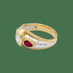 Bague or, platine, diamant, rubis.