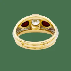 Bague or, platine, diamant, rubis.
