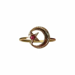 BAGUE OR ROSE LUNE ET ETOILE RUBIS