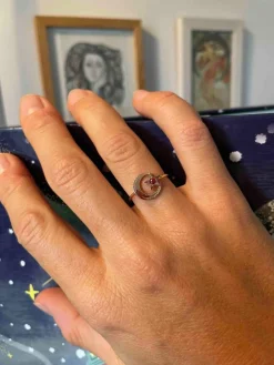 BAGUE OR ROSE LUNE ET ETOILE RUBIS