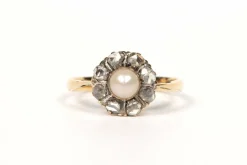 Bague panier Art Décor or jaune, perle et diamants