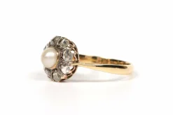 Bague panier Art Décor or jaune, perle et diamants