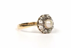 Bague panier Art Décor or jaune, perle et diamants