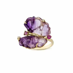 Bague Papillon en or jaune, améthystes et diamants