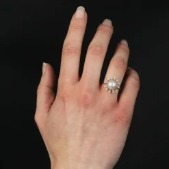 Bague perle de cutlure Akoya et diamants flocon