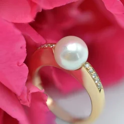 Bague perle diamants anneau plat