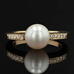 Bague perle diamants anneau plat