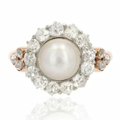 Bague perle fine diamants ancienne en marguerite