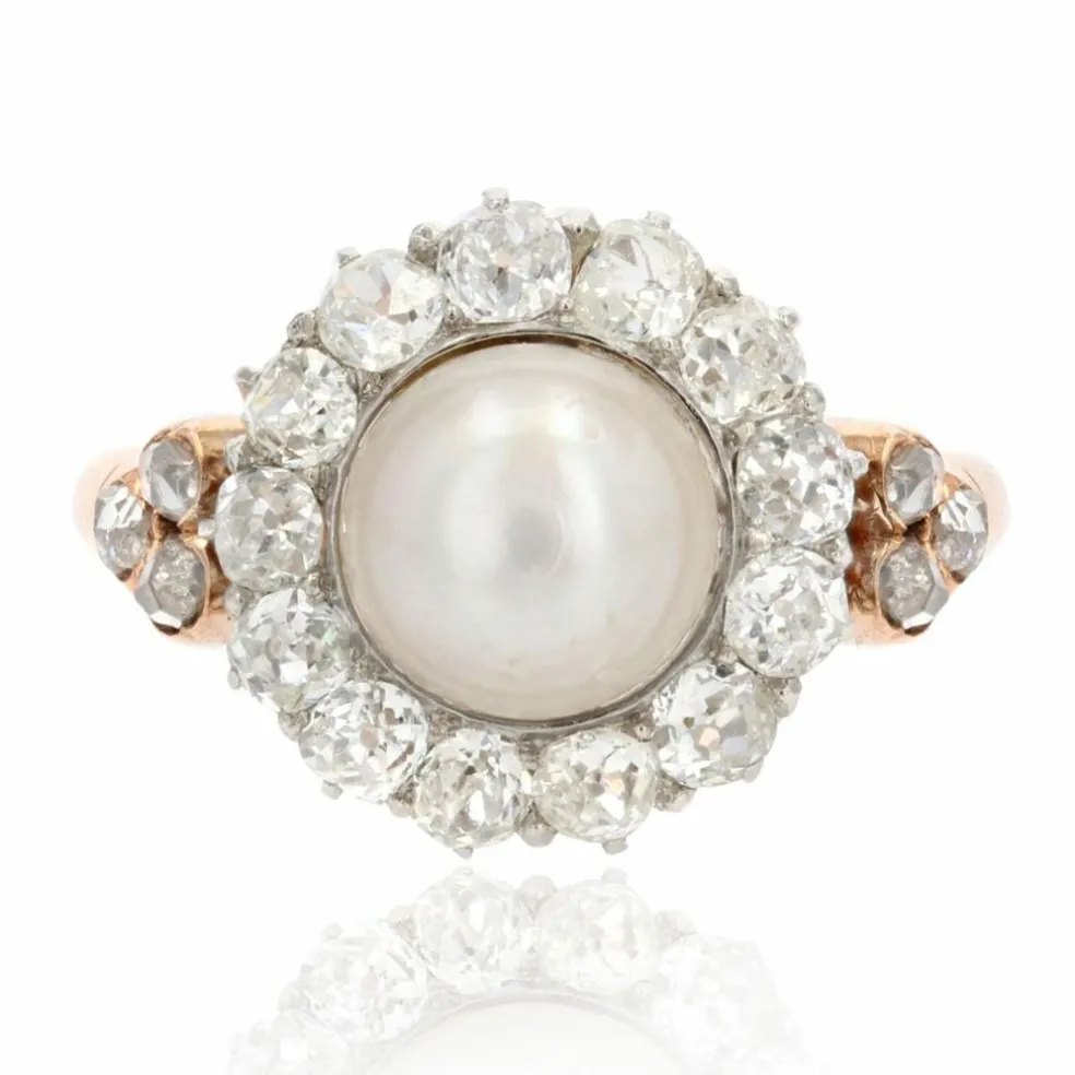 Bague perle fine diamants ancienne en marguerite