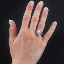 Bague perle fine diamants ancienne en marguerite