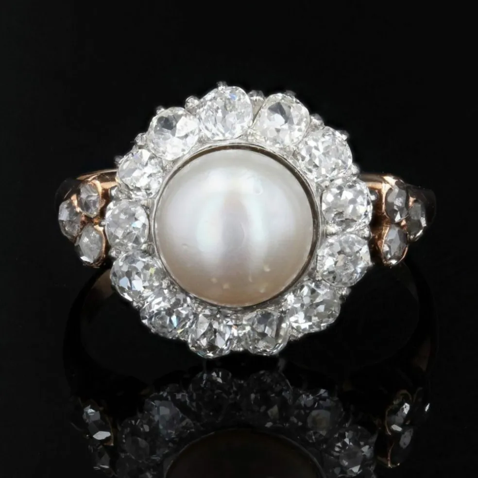 Bague perle fine diamants ancienne en marguerite
