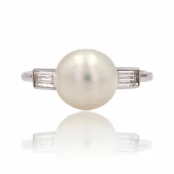 Bague perle fine et diamants baguettes art déco