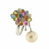 Bague perle, pierres de couleur et diamants