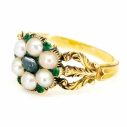 Bague Perles, pierres de lune, émeraudes