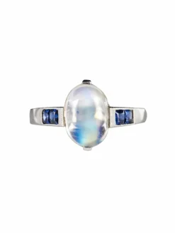 Bague pierre de lune et saphirs