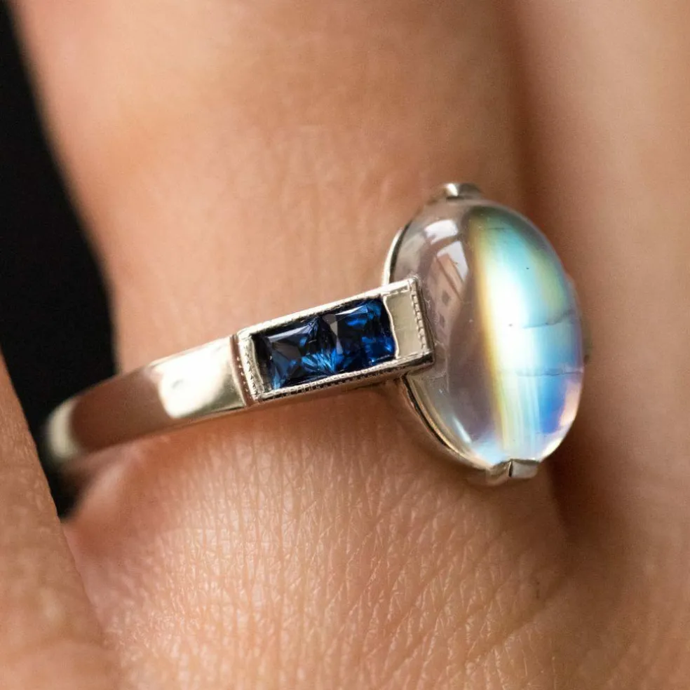 Bague pierre de lune et saphirs
