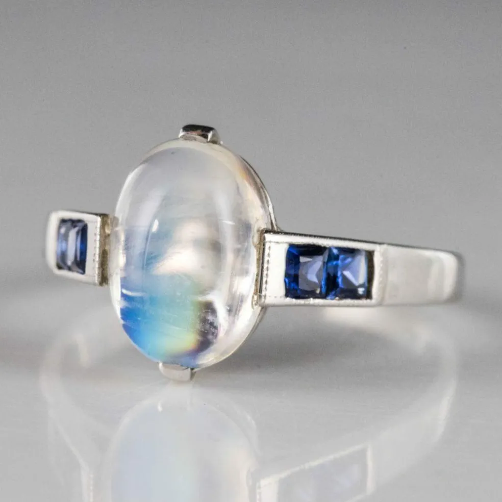 Bague pierre de lune et saphirs