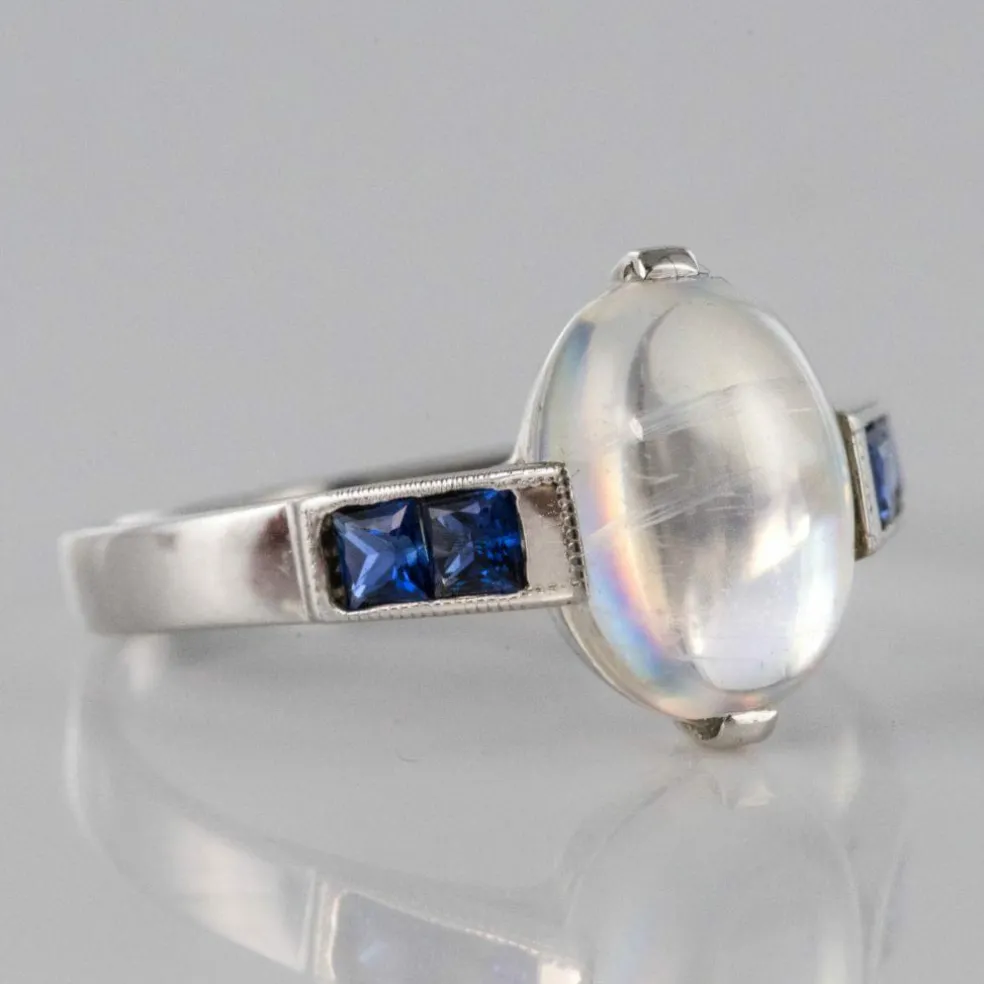 Bague pierre de lune et saphirs