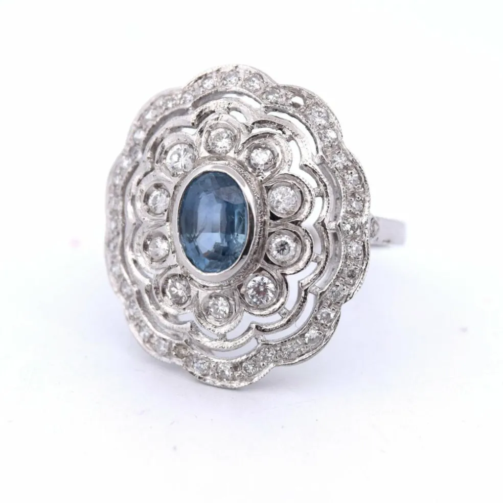 BAGUE PLATINE - AIGUE-MARINE ET DIAMANTS
